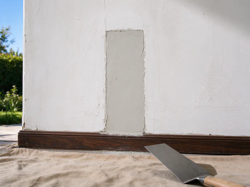 A smooth plaster patch drying over a former opening near a baseboard