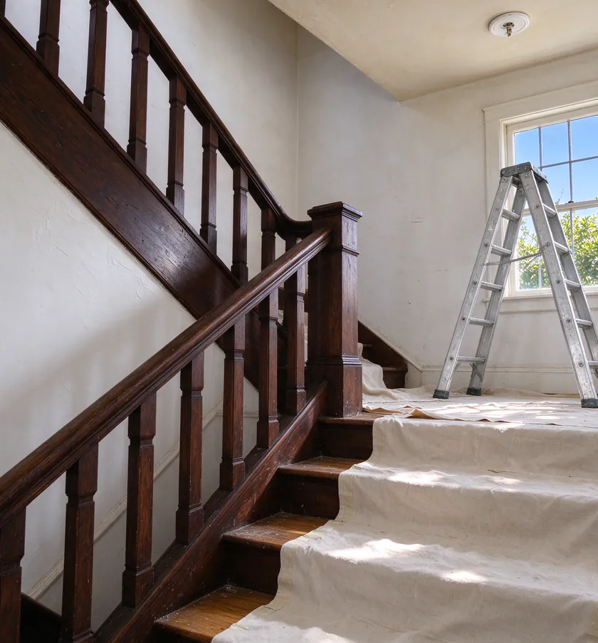 A partly rewired Los Angeles bungalow living room with protected wood floors, small plaster openings at outlet boxes and new white cable visible in one