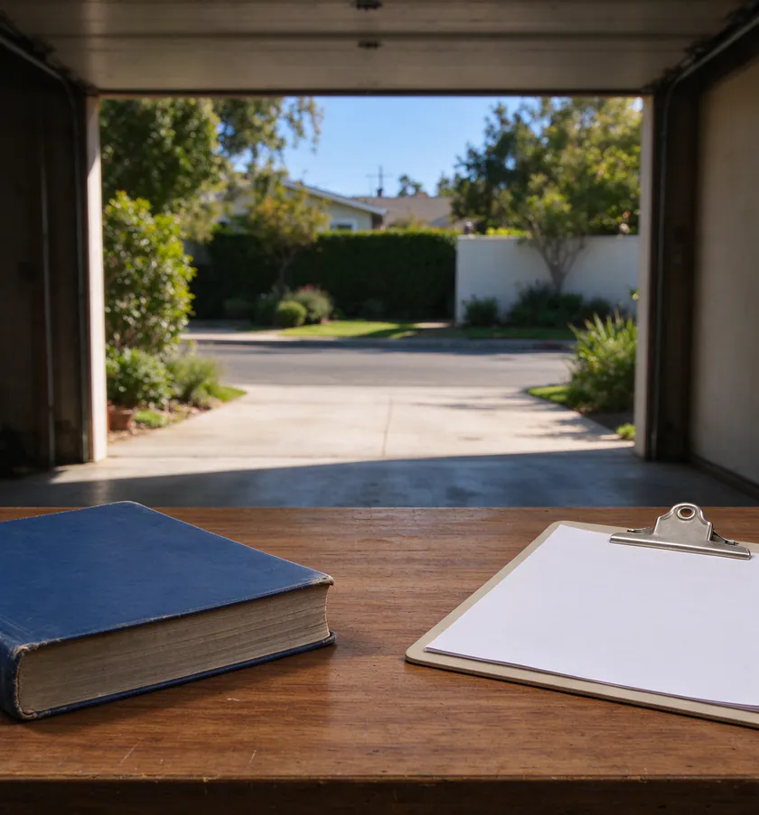 An open code book and a printed electrical permit card on a clipboard resting on a wood floor beside a plaster wall in a pre-war Los Angeles house